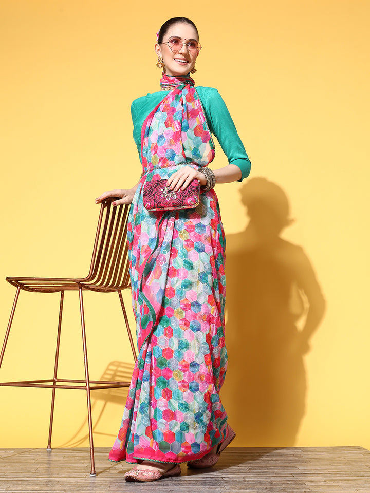 Designer Pink Printed Georgette Saree | Art-Silk Blouse for Special Events