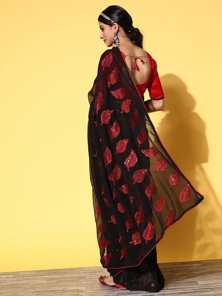 Designer Black Georgette Saree with Art-Silk Blouse | Embroidery Work for Events