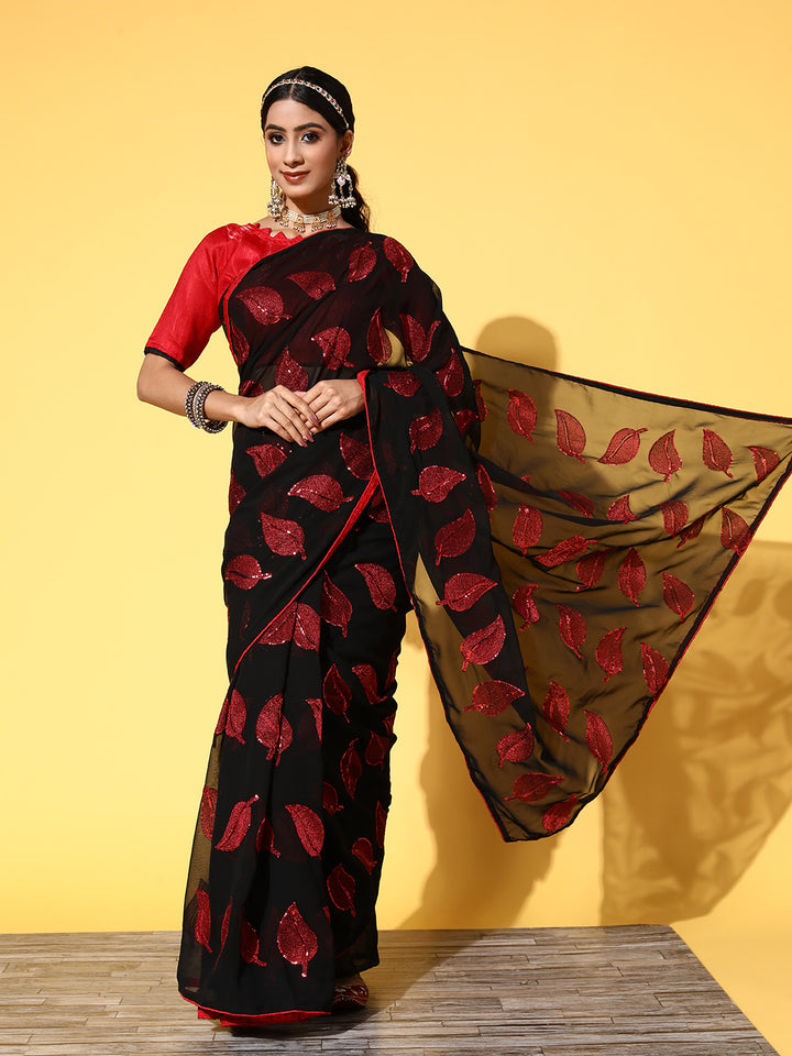 Designer Black Georgette Saree with Art-Silk Blouse | Embroidery Work for Events