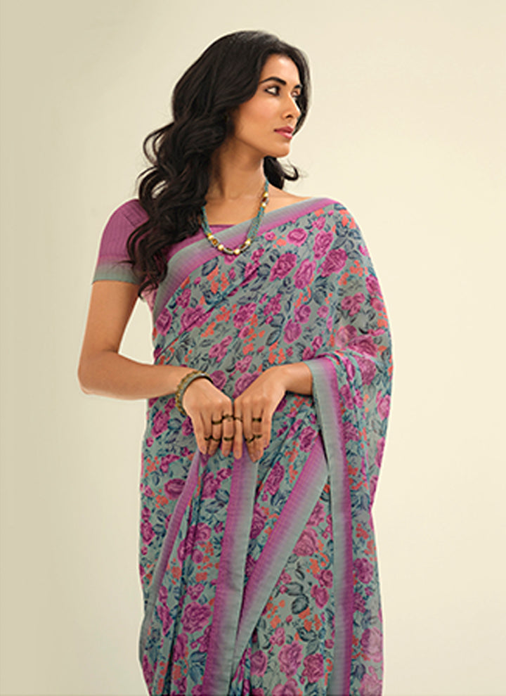 Purple Georgette Saree with Digital Print & Lace | Malai Silk Blouse for Events