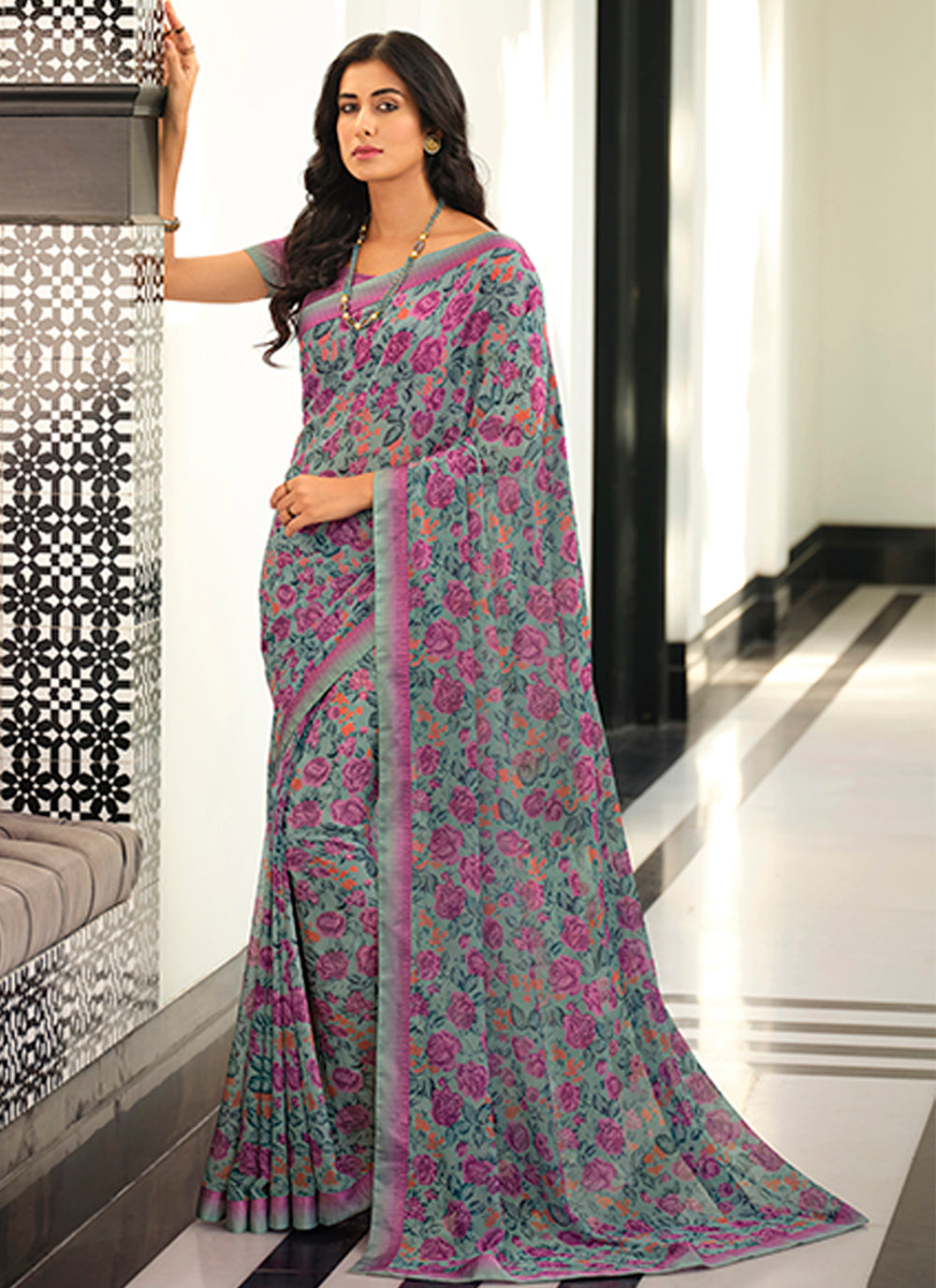 Purple Georgette Saree with Digital Print & Lace | Malai Silk Blouse for Events