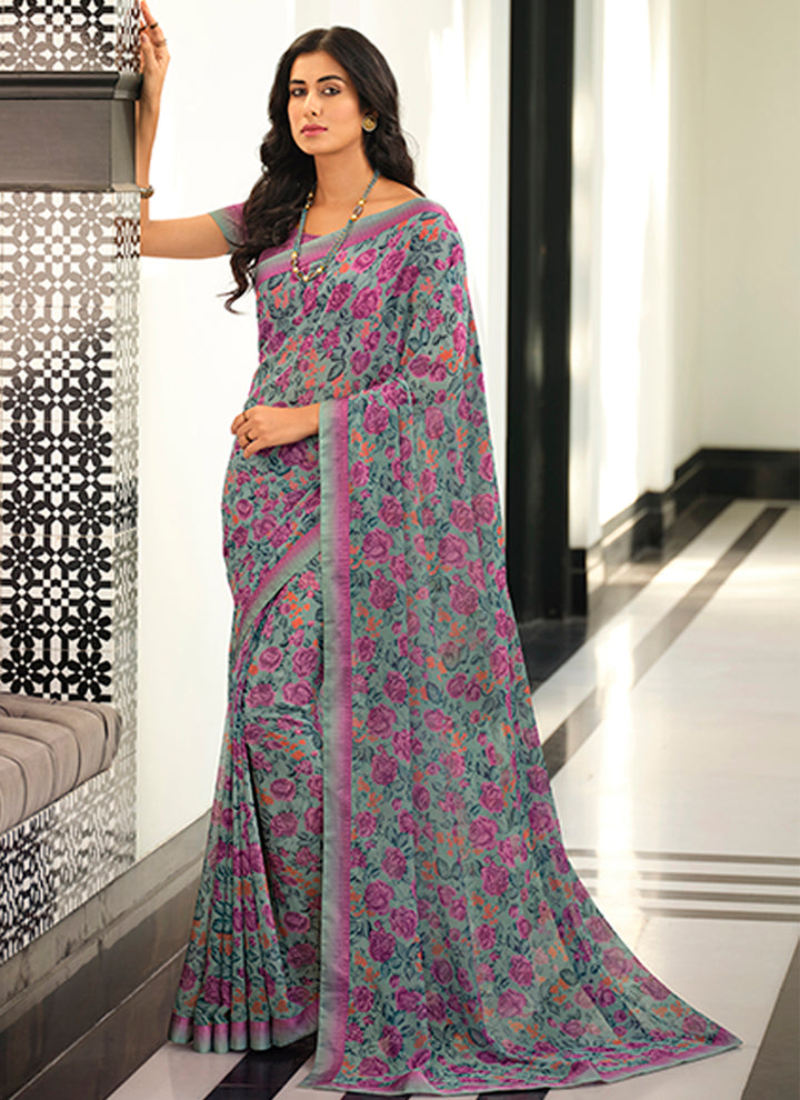 Purple Georgette Saree with Digital Print & Lace | Malai Silk Blouse for Events