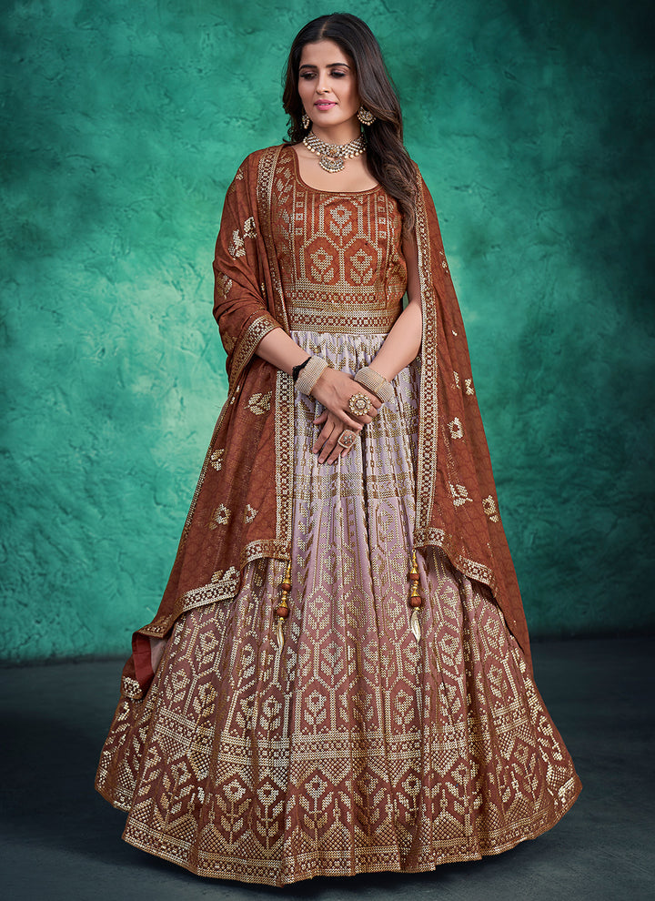 Brown Georgette Gown with Dupatta | Designer Sequins Embroidery Work