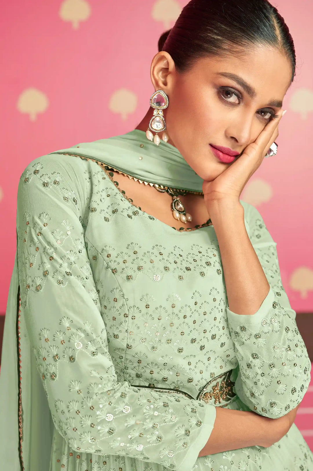 Georgette Nyra Cut Salwar Suit | Heavy Thread & Sequins Work