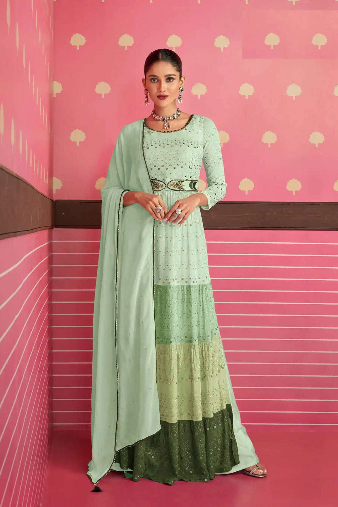 Georgette Nyra Cut Salwar Suit | Heavy Thread & Sequins Work