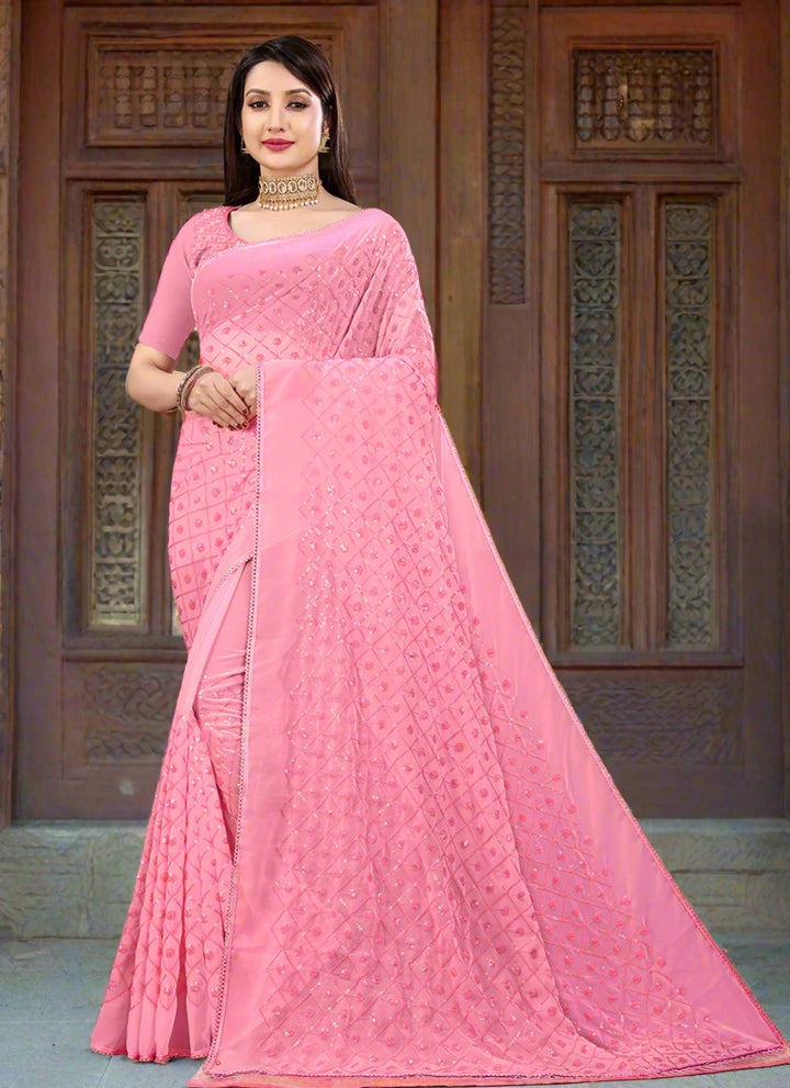 Heavy Sequins Embroidered Georgette Saree | Art-Silk Blouse for Weddings