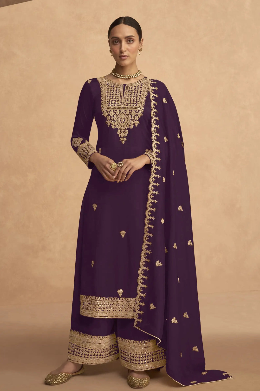 Georgette Palazzo Suit with Sequins & Jari Embroidery | Festive Wear