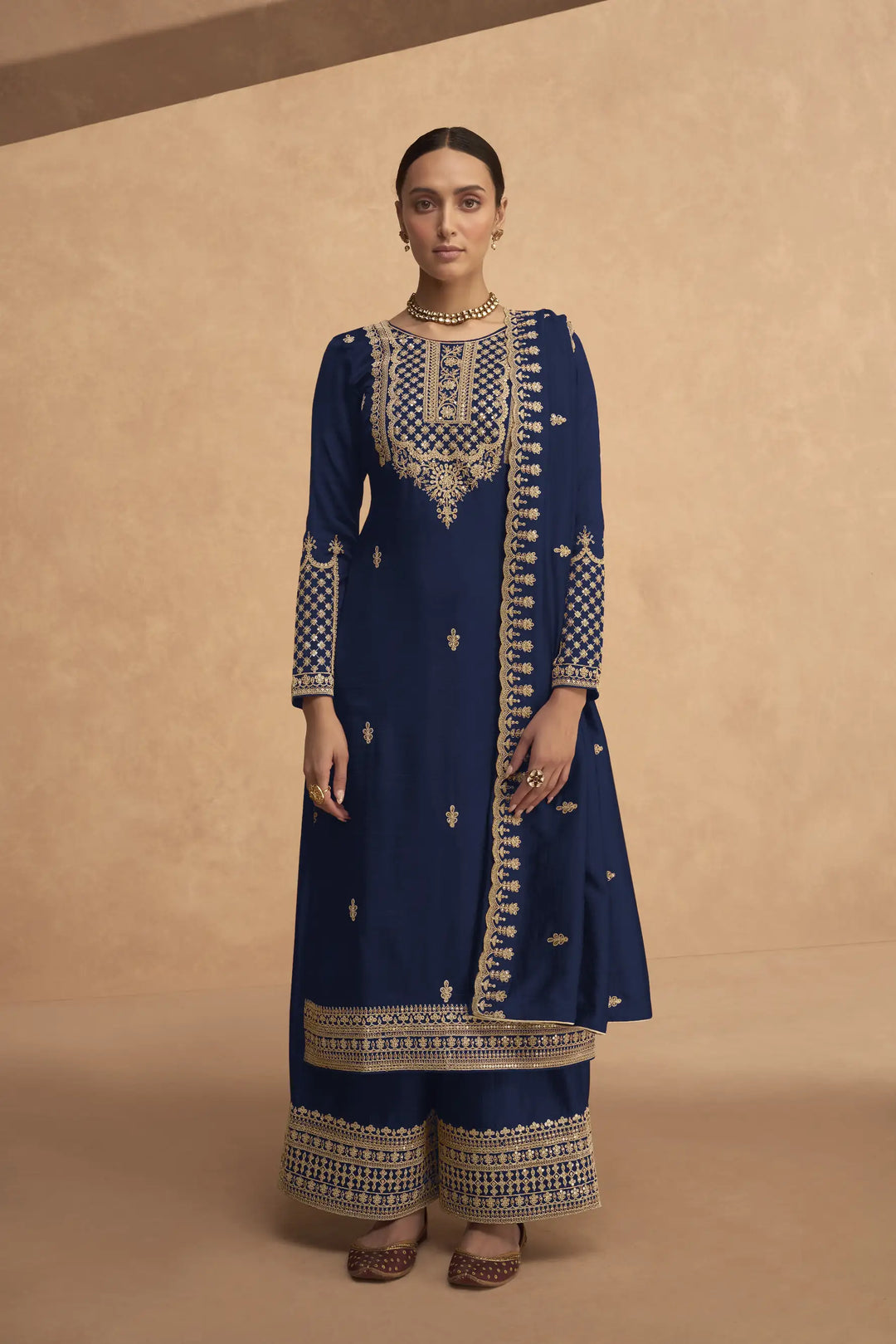 Georgette Palazzo Suit with Sequins & Jari Embroidery | Festive Wear