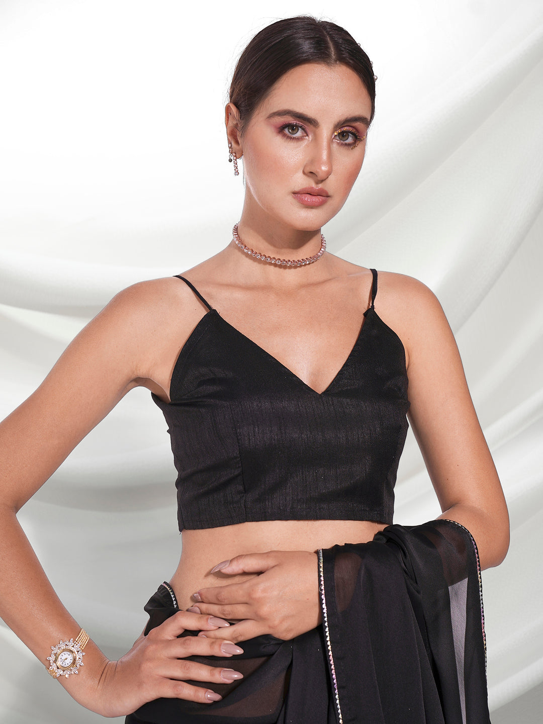 Elegant Black Saree | Rangoli Fabric with Solid Work & Art-Silk Blouse
