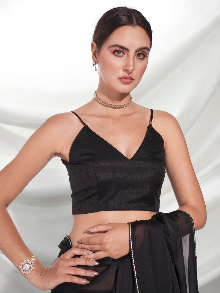 Elegant Black Saree | Rangoli Fabric with Solid Work & Art-Silk Blouse