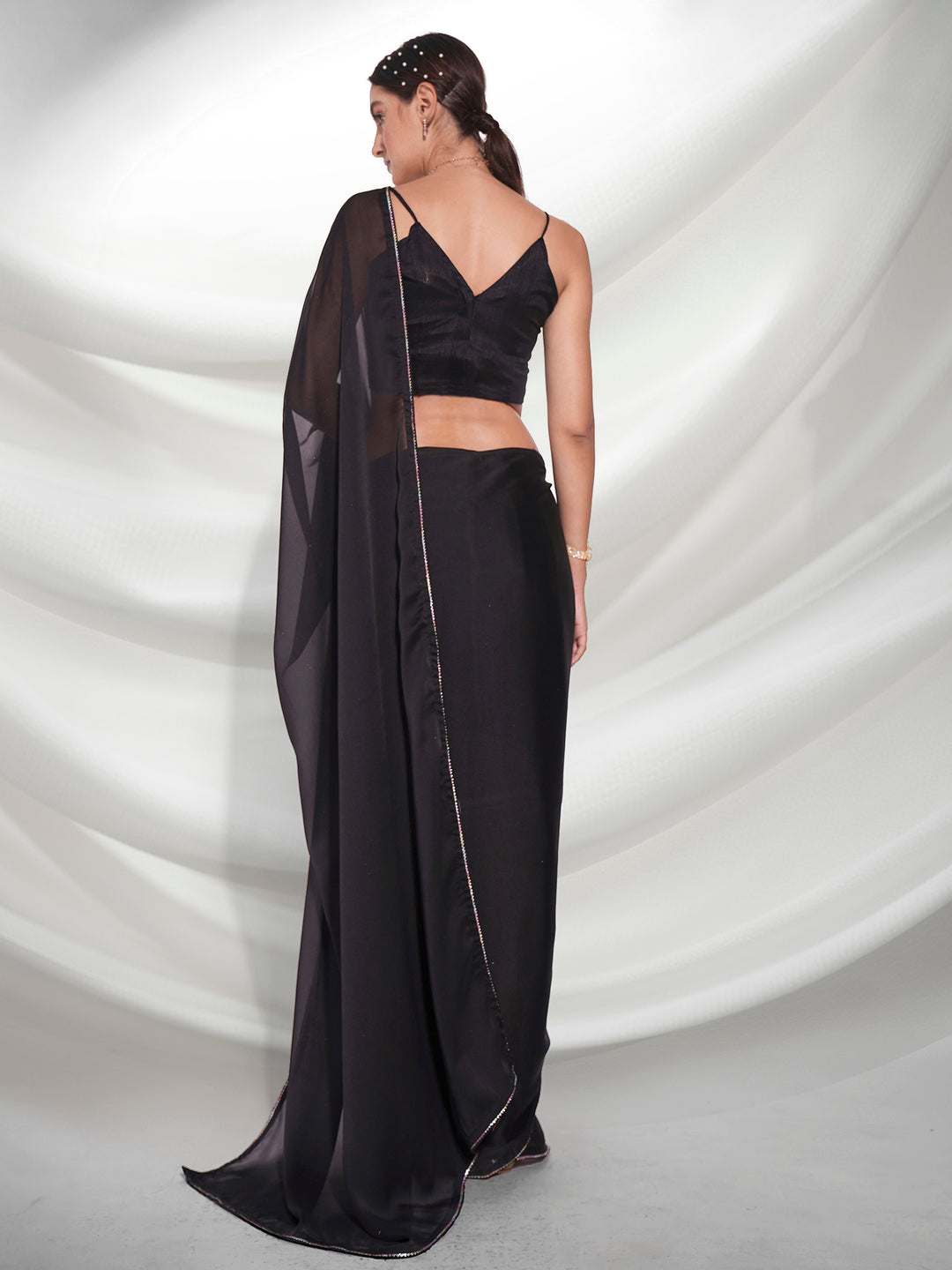 Elegant Black Saree | Rangoli Fabric with Solid Work & Art-Silk Blouse