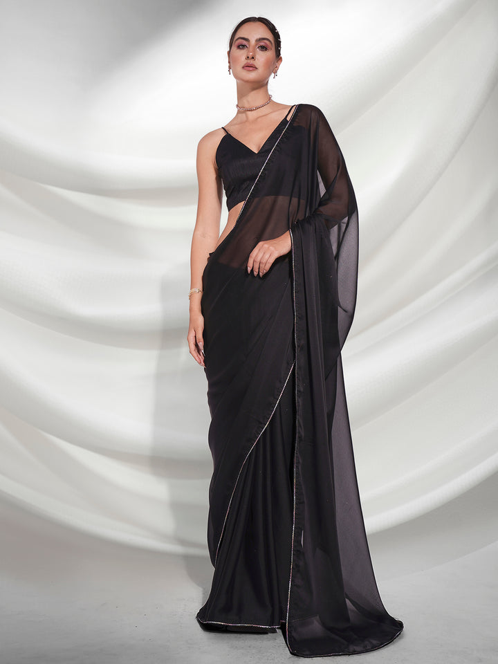 Elegant Black Saree | Rangoli Fabric with Solid Work & Art-Silk Blouse