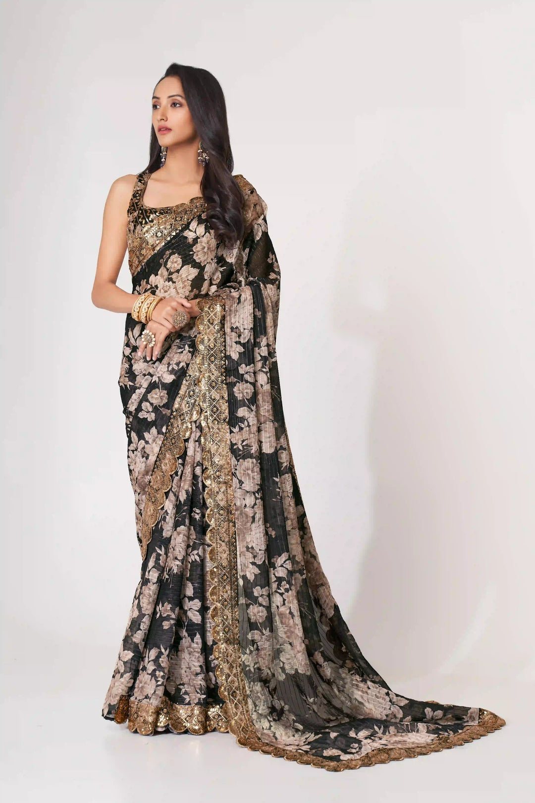 Designer Saree Organza | Digital Printed & Sequins Embroidery for Parties