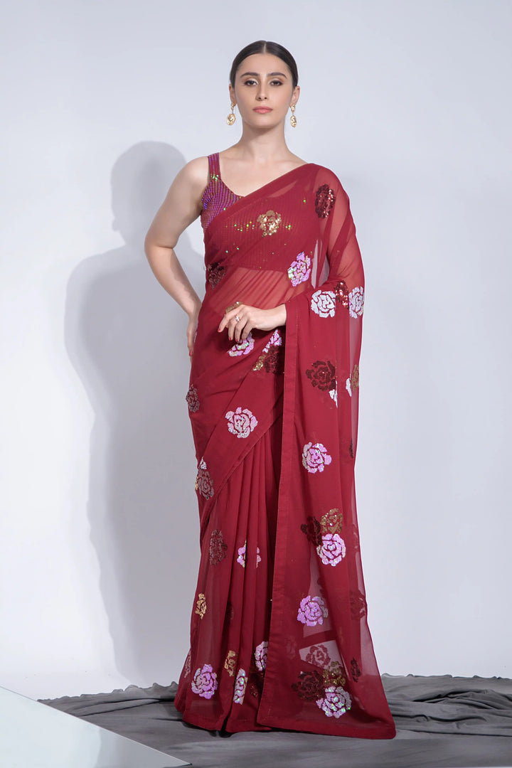 Designer Georgette Sequins Embroidered Saree | Partywear Saree for Women