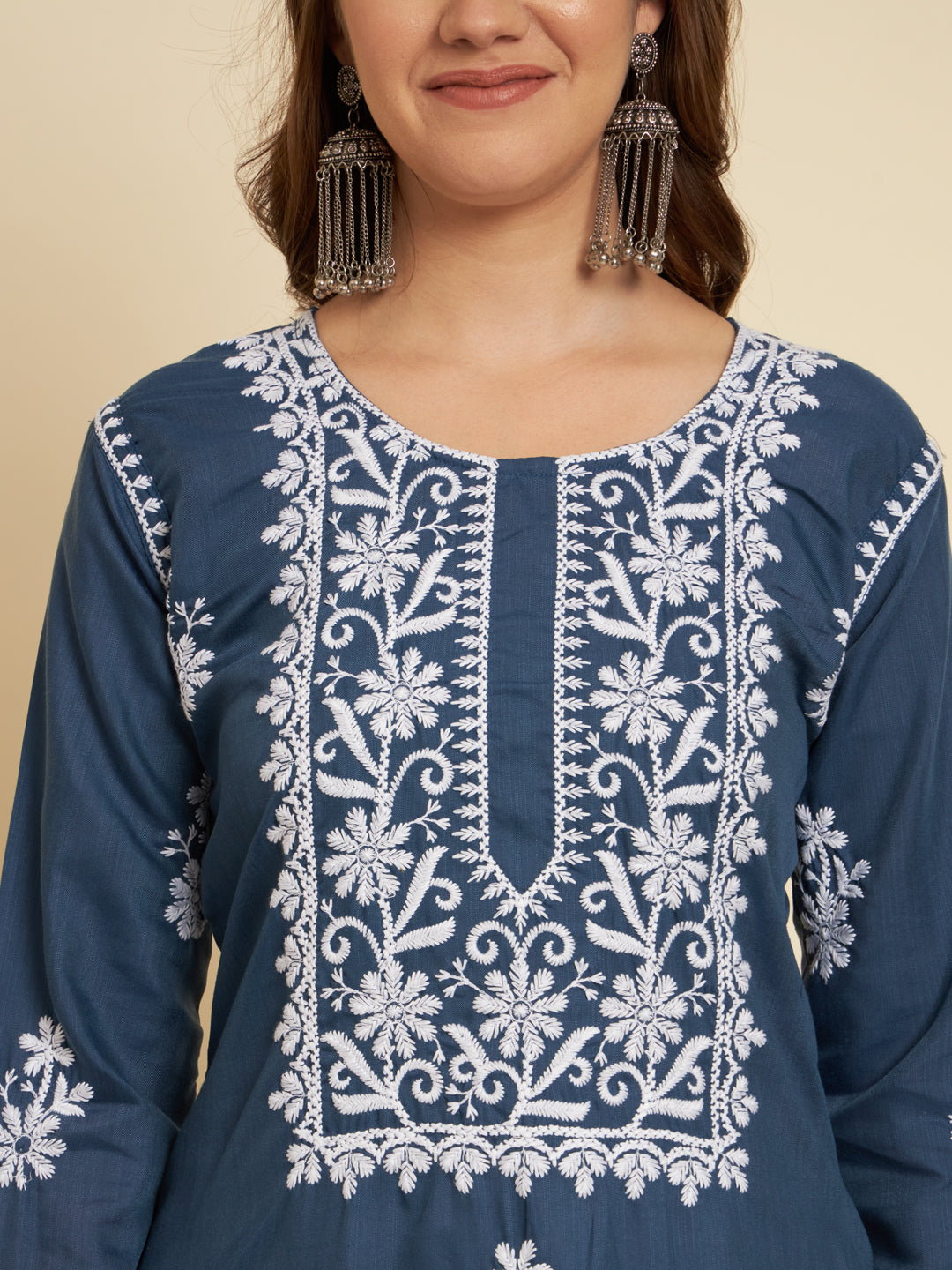 Classic Long Kurti for Women | Designer Thread Embroidery on Cotton Slub