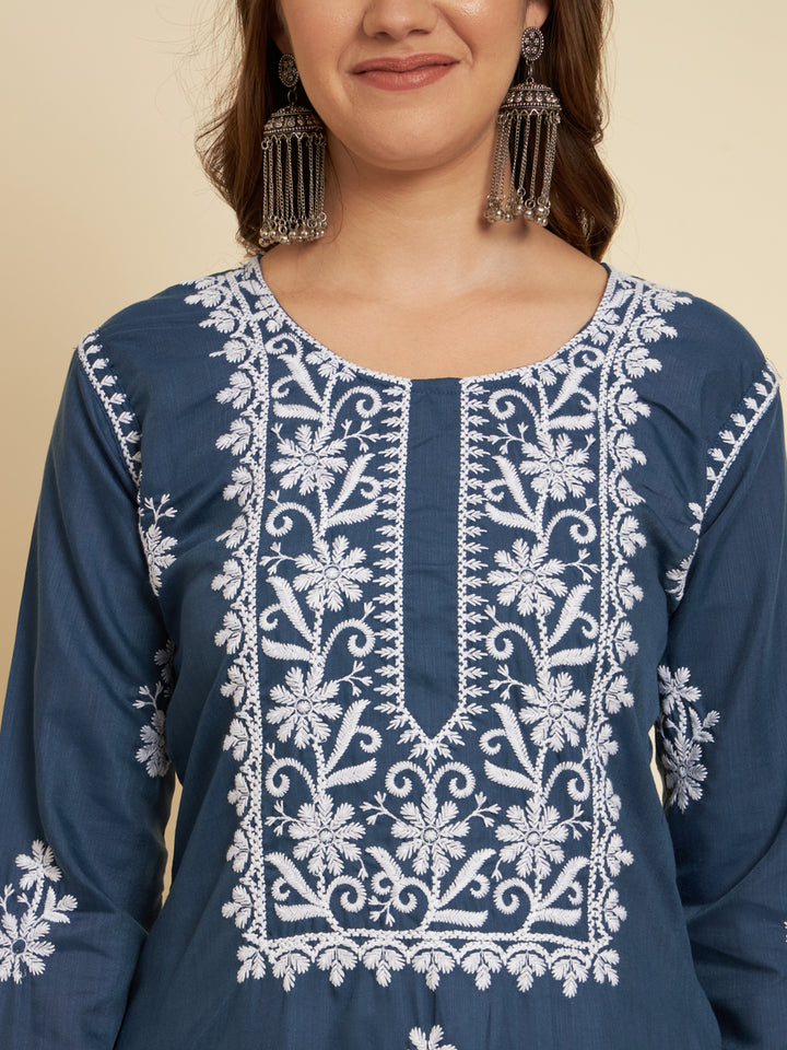 Classic Long Kurti for Women | Designer Thread Embroidery on Cotton Slub