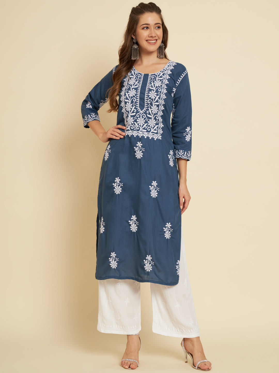 Classic Long Kurti for Women | Designer Thread Embroidery on Cotton Slub