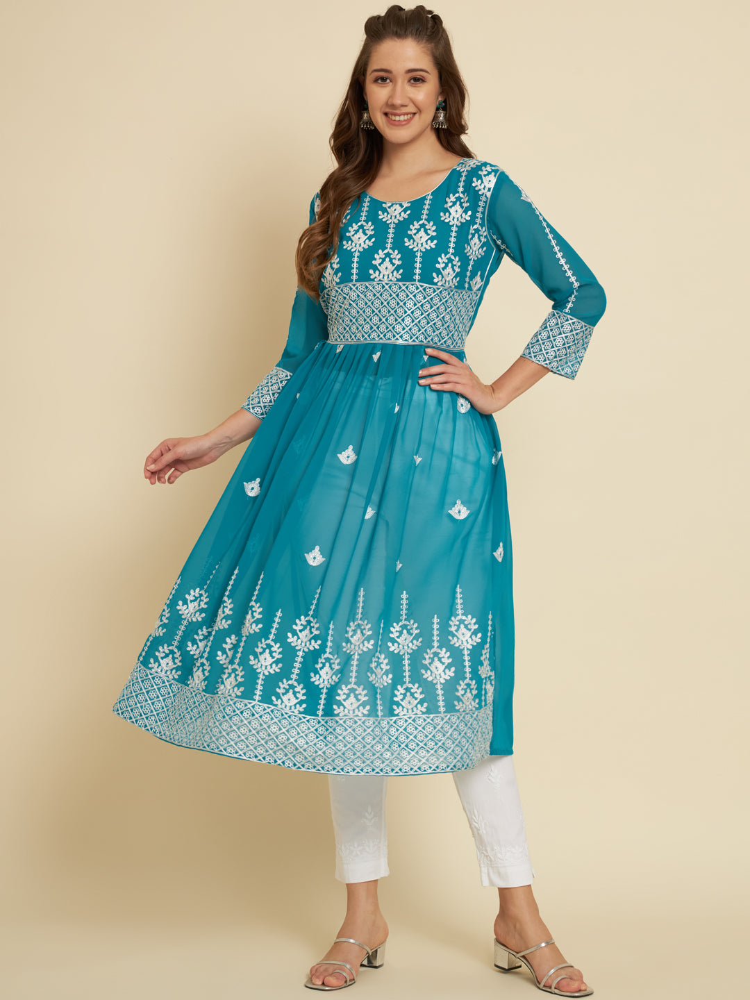 Chic Long Kurti for Women | Georgette with Thread Embroidery Detailing