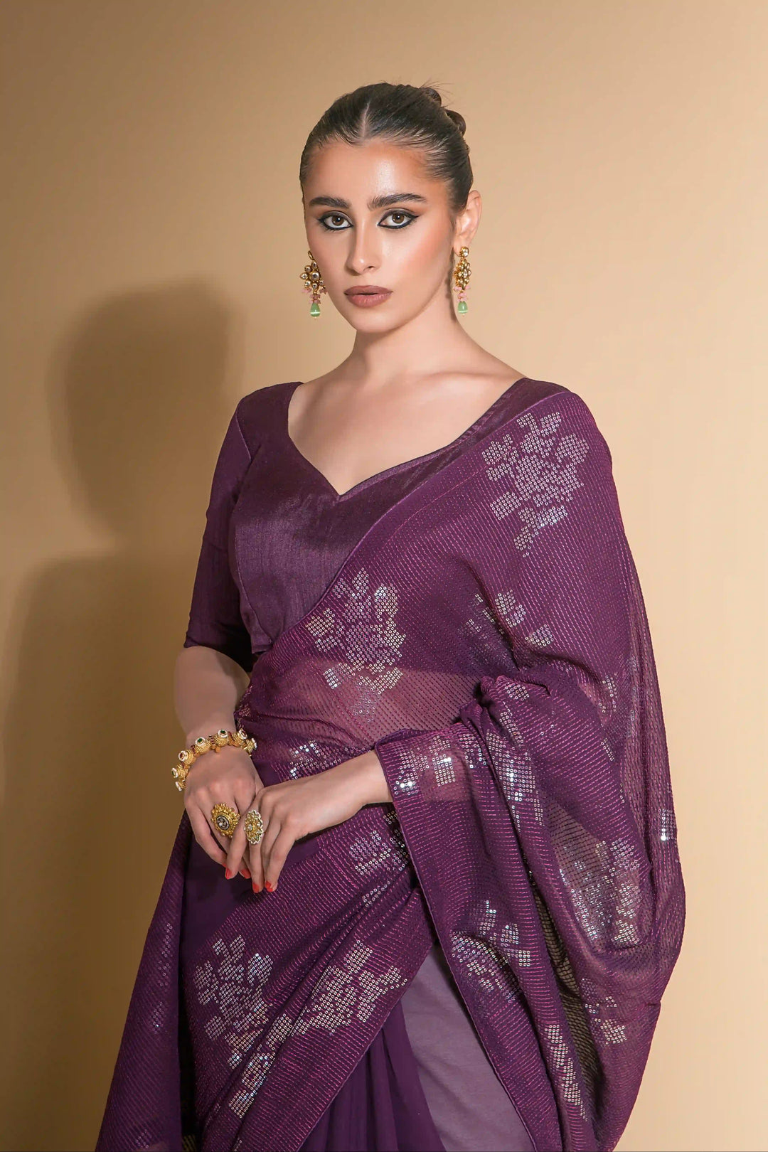 Georgette Saree With Satin Blouse Designer Sequins Embroidery | Partywear Look