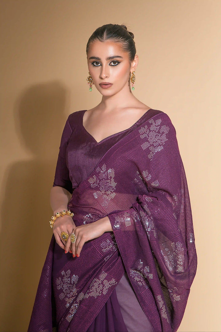 Georgette Saree With Satin Blouse Designer Sequins Embroidery | Partywear Look