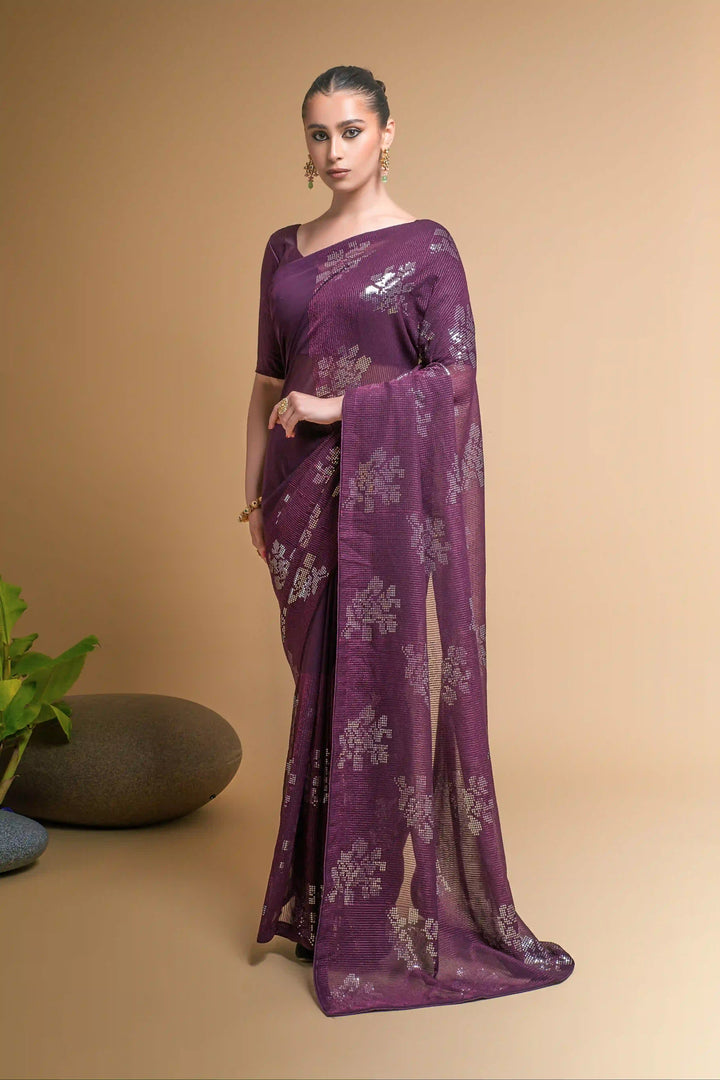 Georgette Saree With Satin Blouse Designer Sequins Embroidery | Partywear Look