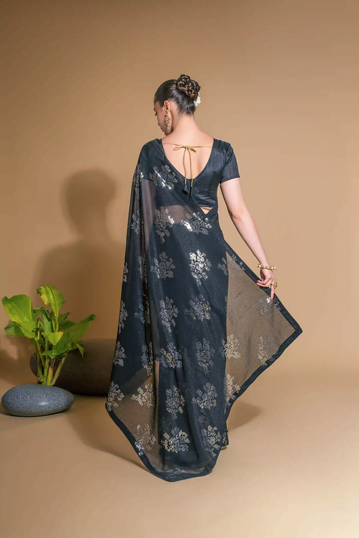 Georgette Saree With Satin Blouse Designer Sequins Embroidery | Partywear Look