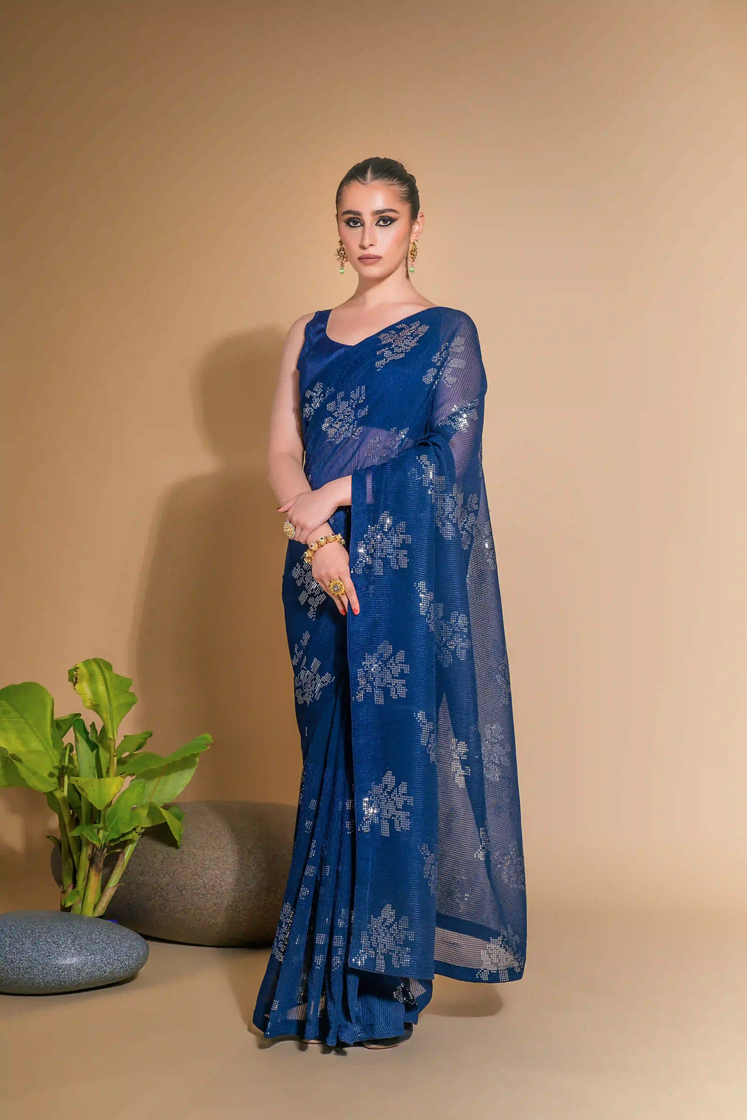 Georgette Saree With Satin Blouse Designer Sequins Embroidery | Partywear Look