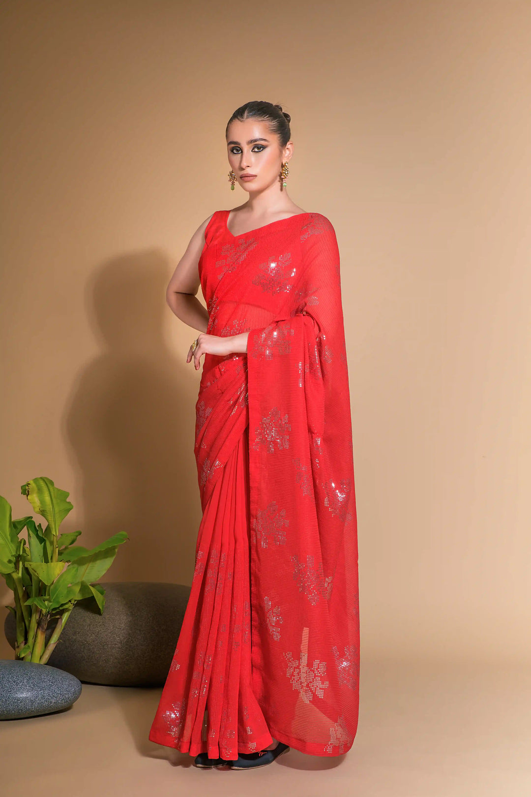 Georgette Saree With Satin Blouse Designer Sequins Embroidery | Partywear Look
