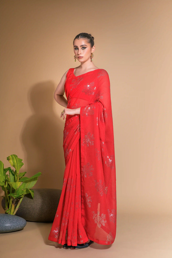 Georgette Saree With Satin Blouse Designer Sequins Embroidery | Partywear Look