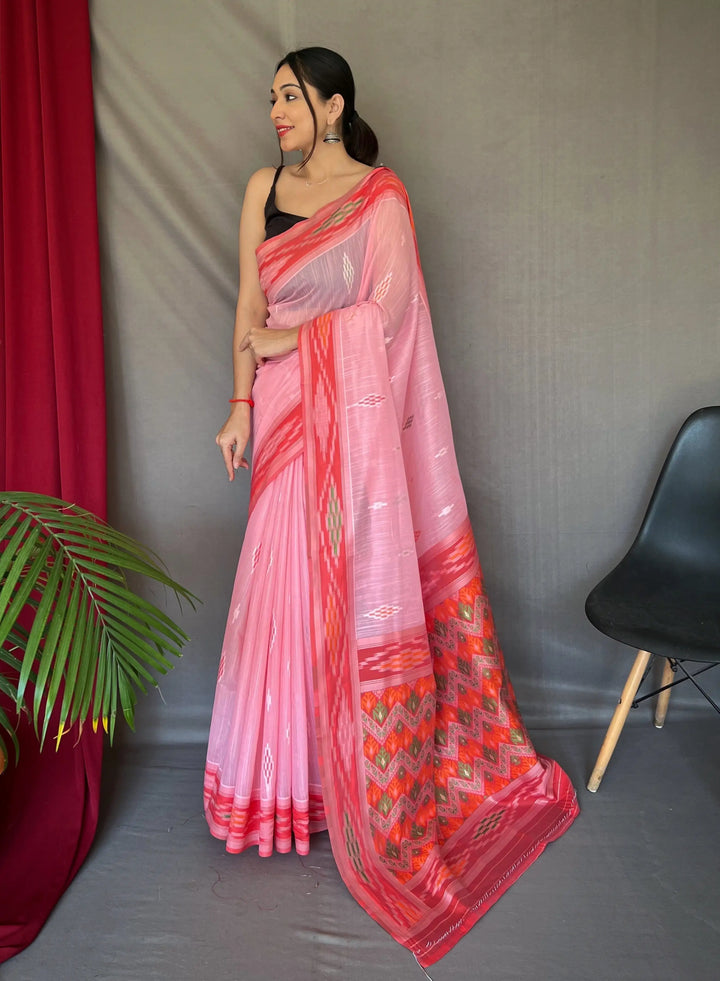 Linen Saree with Weaving-Chap-Border & Ikkat-Work | Special Occasion Wear