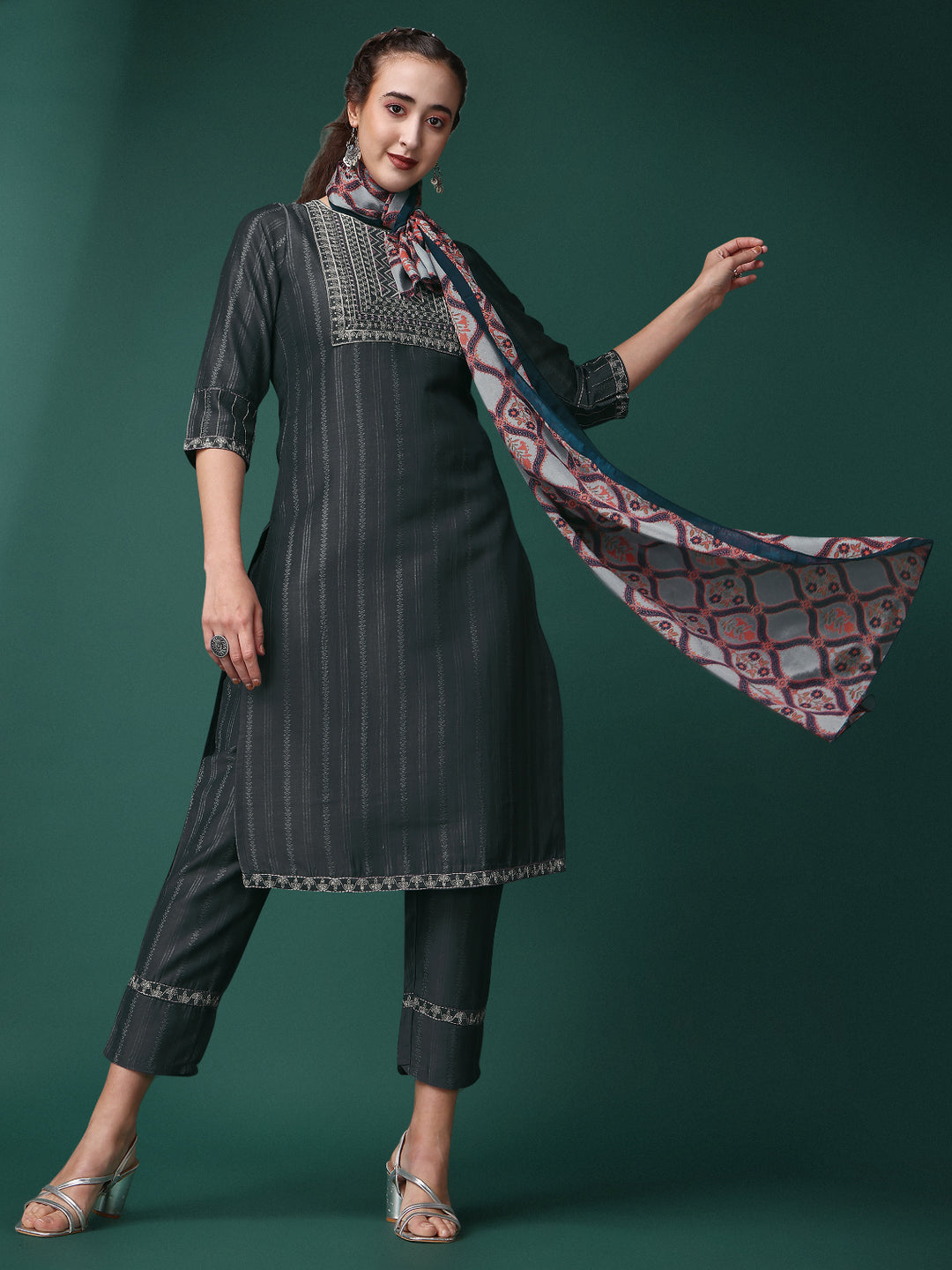 Chinon Sequins Kurtis Set | Three-Quarter Sleeve | Round-Neck | Traditional Wear