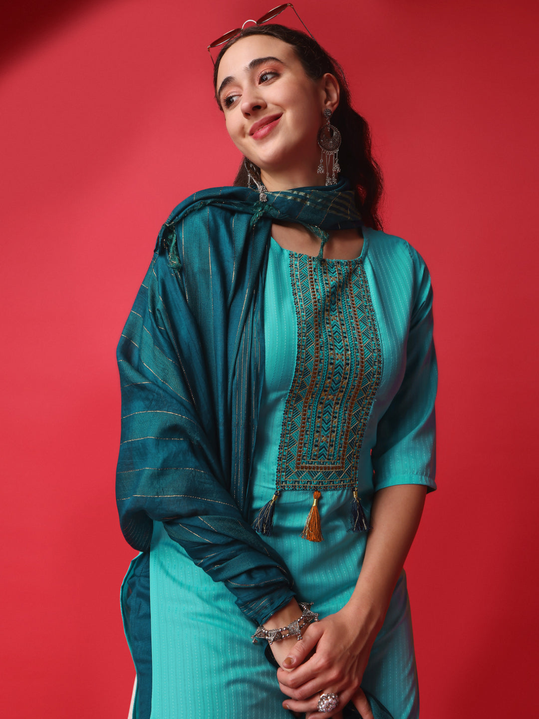 Kurtis Set | Viscose-Rayon Top | Cotton-Blend Bottom | Sequins Work | Traditional Wear