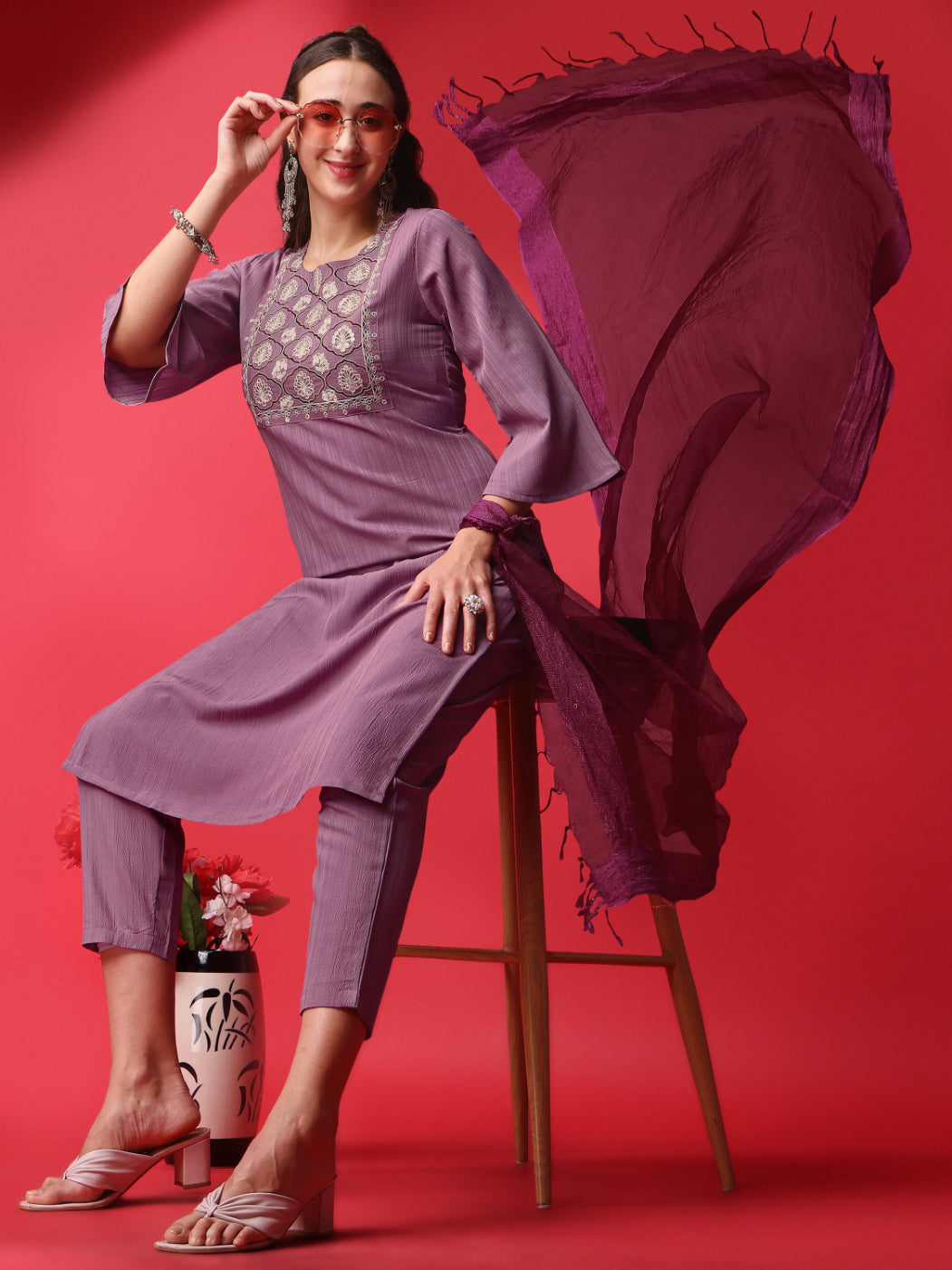 Silk-Blend Kurtis Set | Sequined Three-Quarter Sleeve | Round-Neck | Wedding & Party