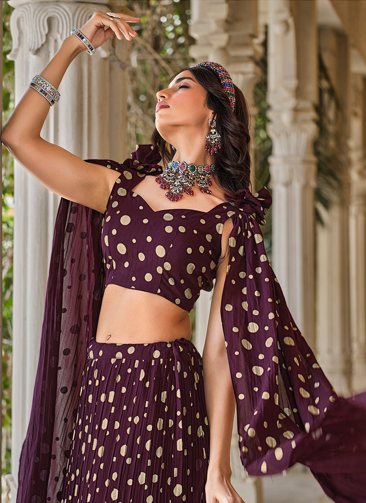 Charming Wine Georgette Lehenga with Purple Dupatta | Perfect for Weddings and Celebrations