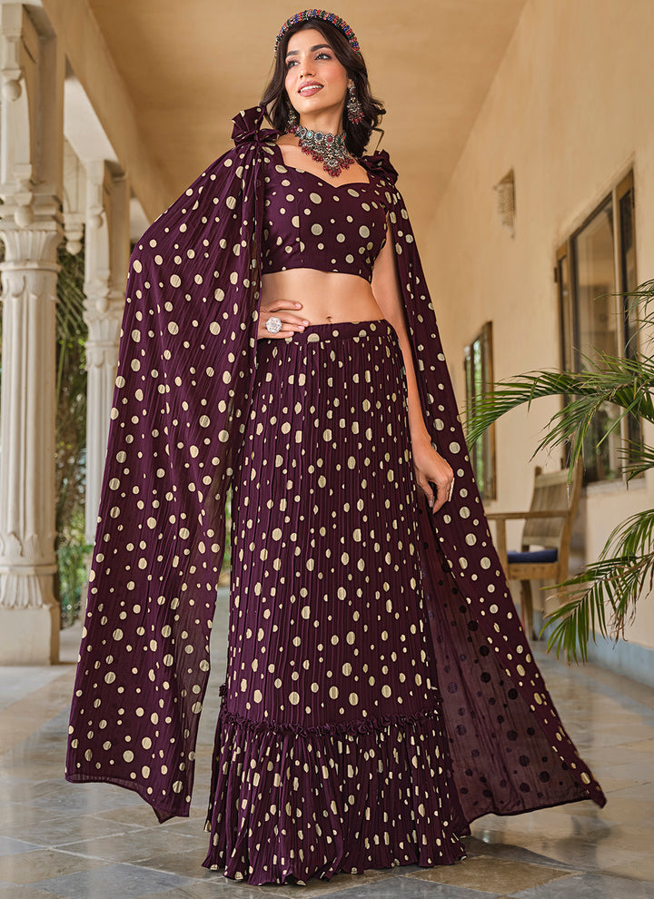 Charming Wine Georgette Lehenga with Purple Dupatta | Perfect for Weddings and Celebrations