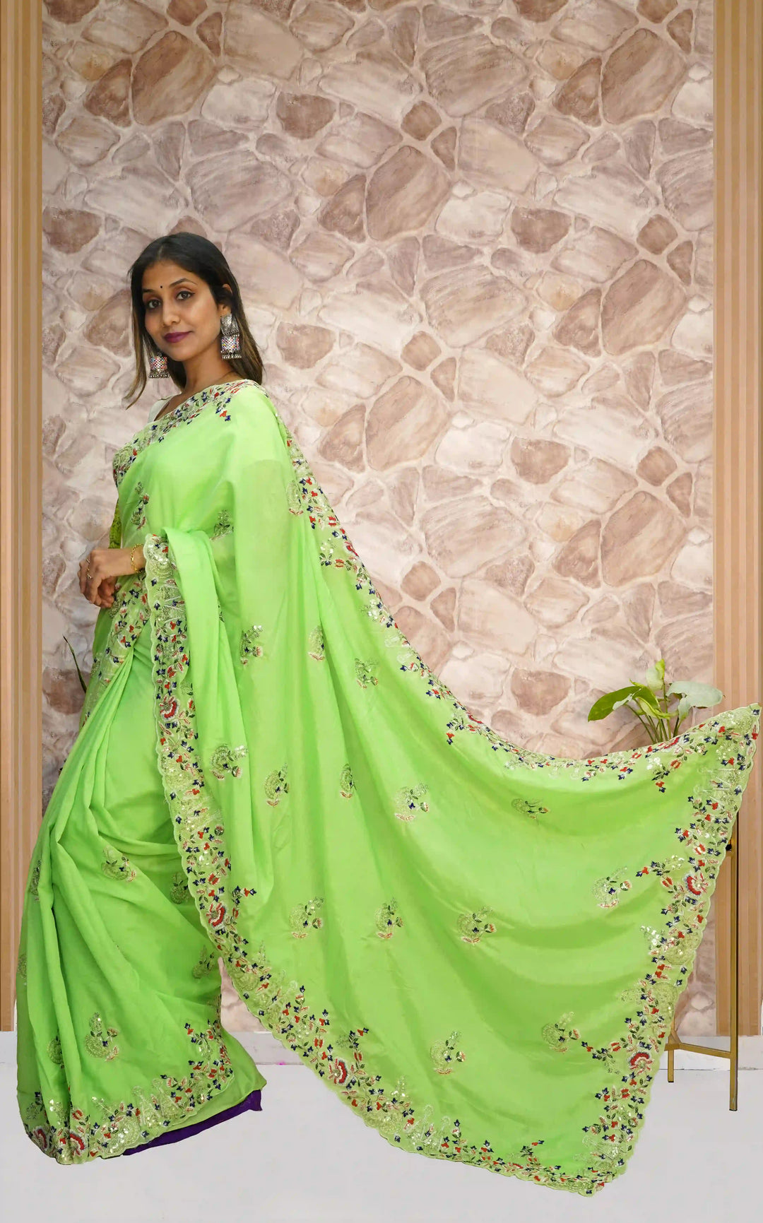 Mint Green Designer Vichitra Silk Saree with Mono Silk Blouse | Embroidered for Special Events