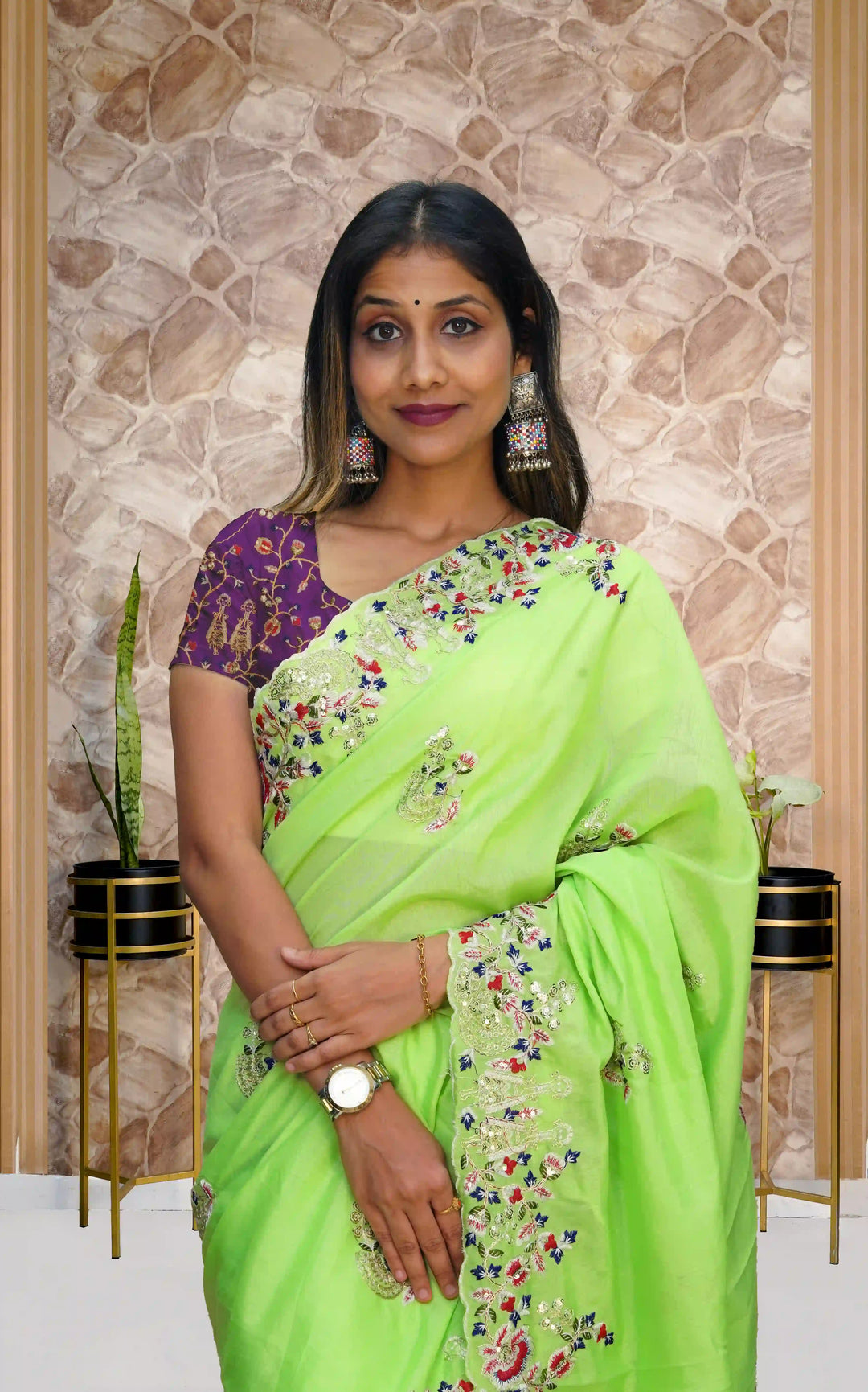 Mint Green Designer Vichitra Silk Saree with Mono Silk Blouse | Embroidered for Special Events