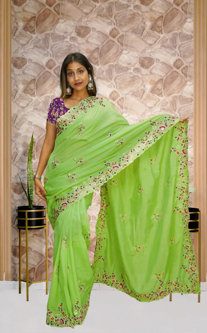 Mint Green Designer Vichitra Silk Saree with Mono Silk Blouse | Embroidered for Special Events