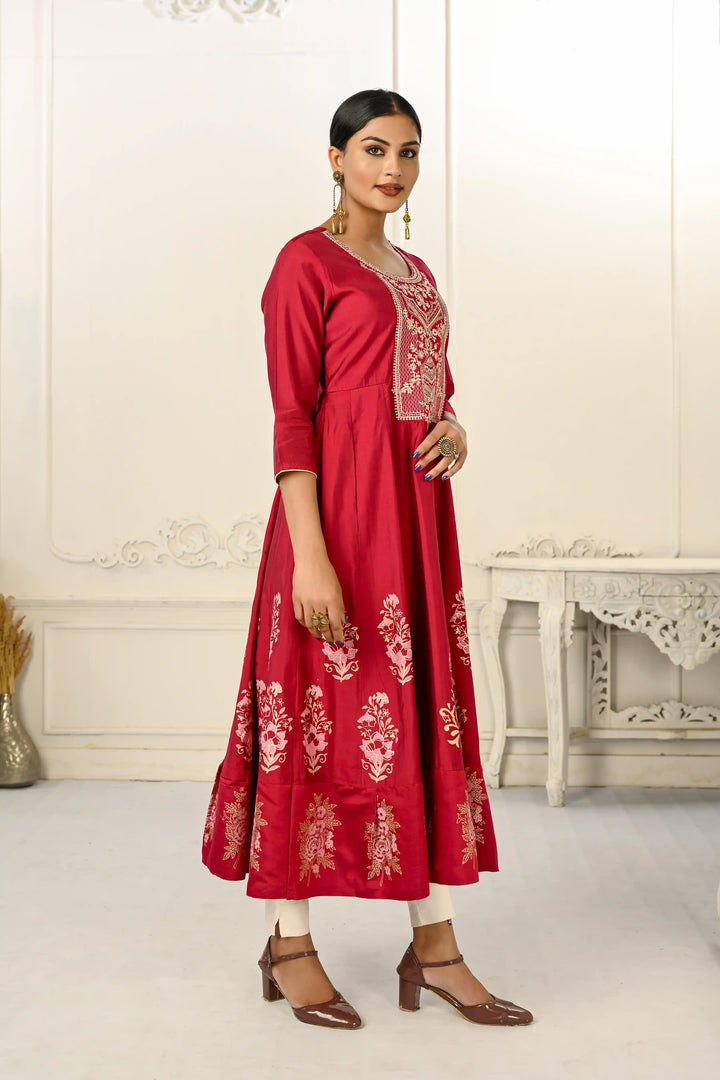 Stylish Red Kurti | Elegant Cotton Embroidery with Foil Hand Prints