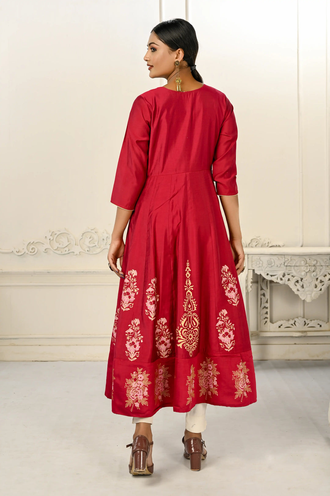 Stylish Red Kurti | Elegant Cotton Embroidery with Foil Hand Prints