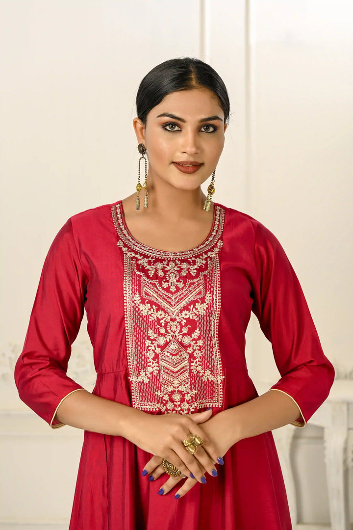 Stylish Red Kurti | Elegant Cotton Embroidery with Foil Hand Prints