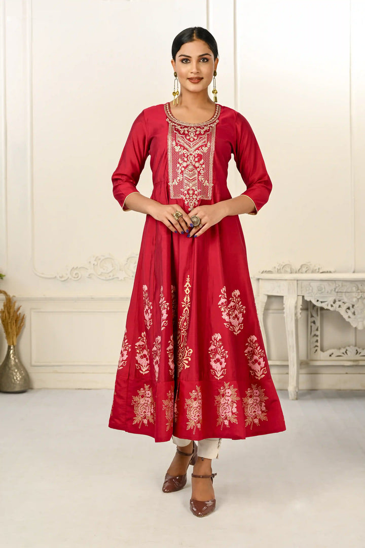 Stylish Red Kurti | Elegant Cotton Embroidery with Foil Hand Prints