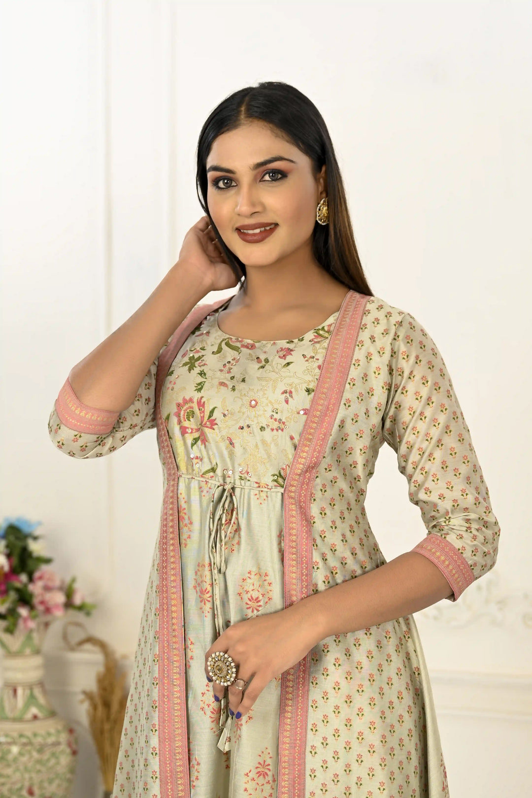 Stylish Pista Green Kurti | Elegant Cotton Embroidery with Foil Hand Prints