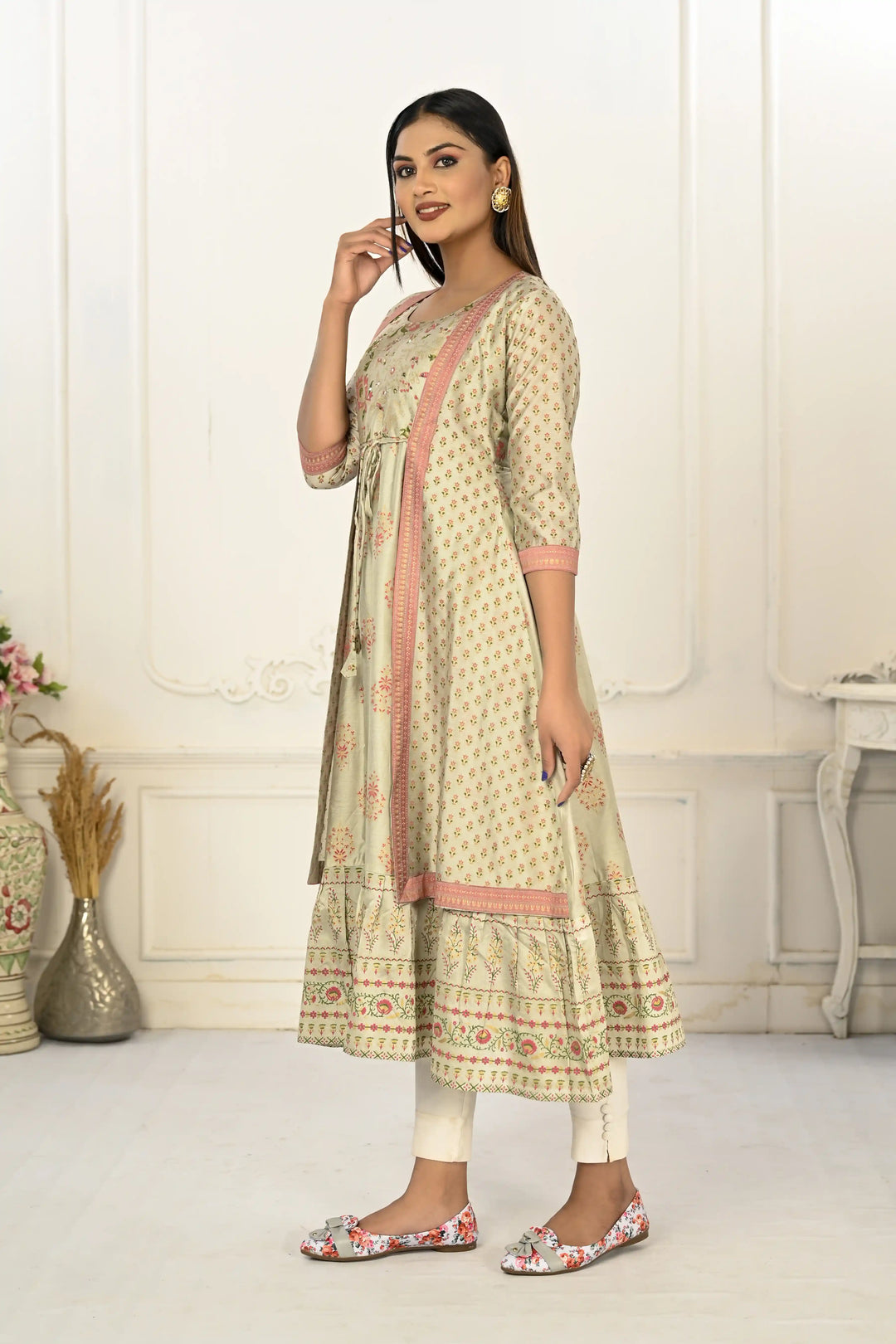 Stylish Pista Green Kurti | Elegant Cotton Embroidery with Foil Hand Prints