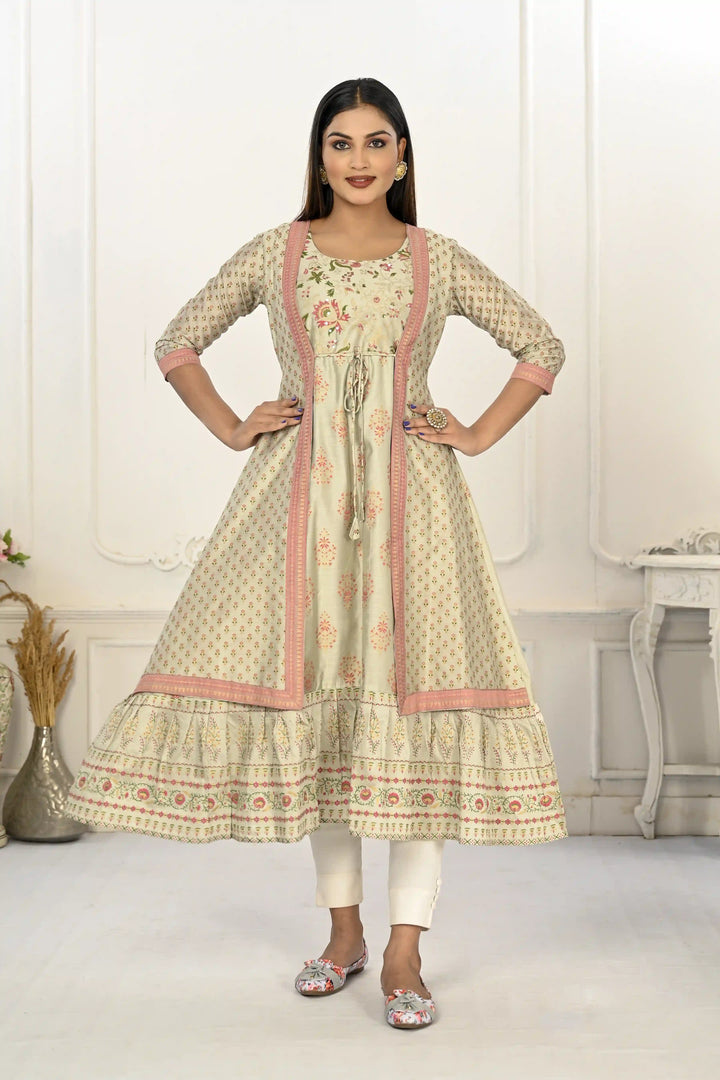 Stylish Pista Green Kurti | Elegant Cotton Embroidery with Foil Hand Prints