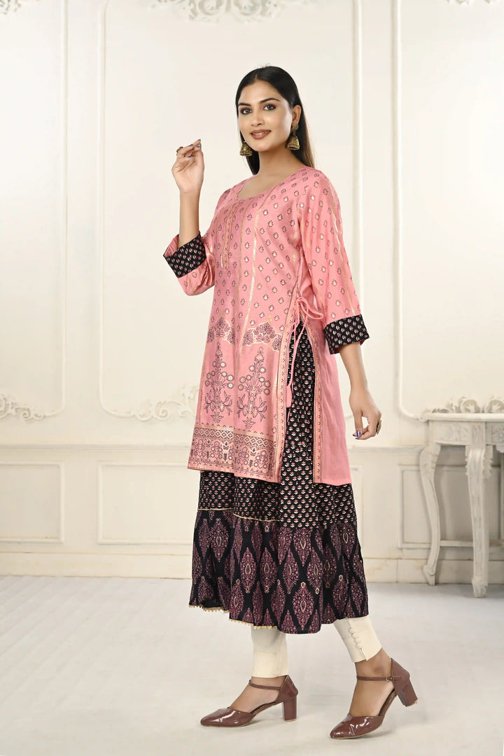 Cotton Long Kurti for Women | Foil Printed & Embroidery Work Design