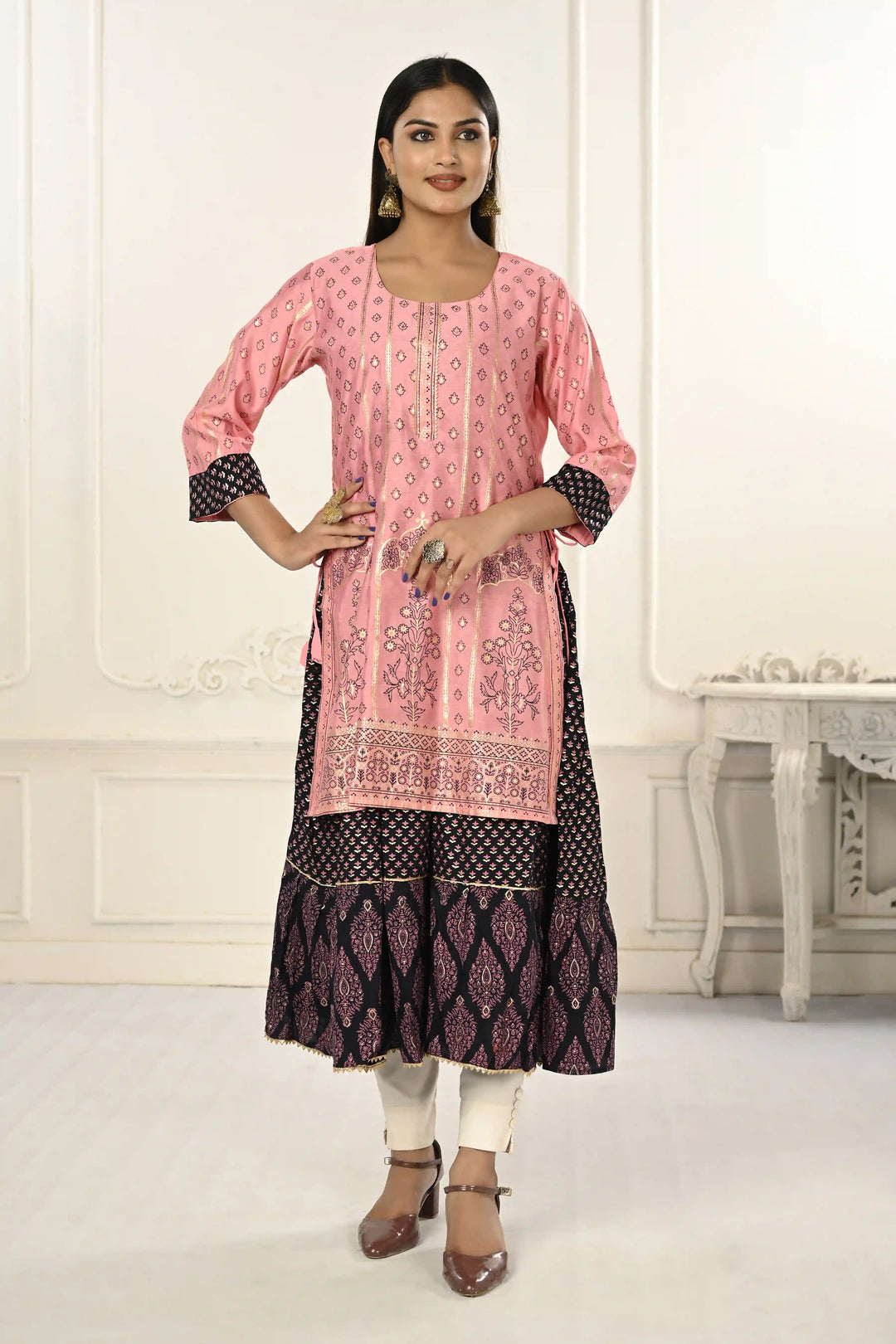 Cotton Long Kurti for Women | Foil Printed & Embroidery Work Design