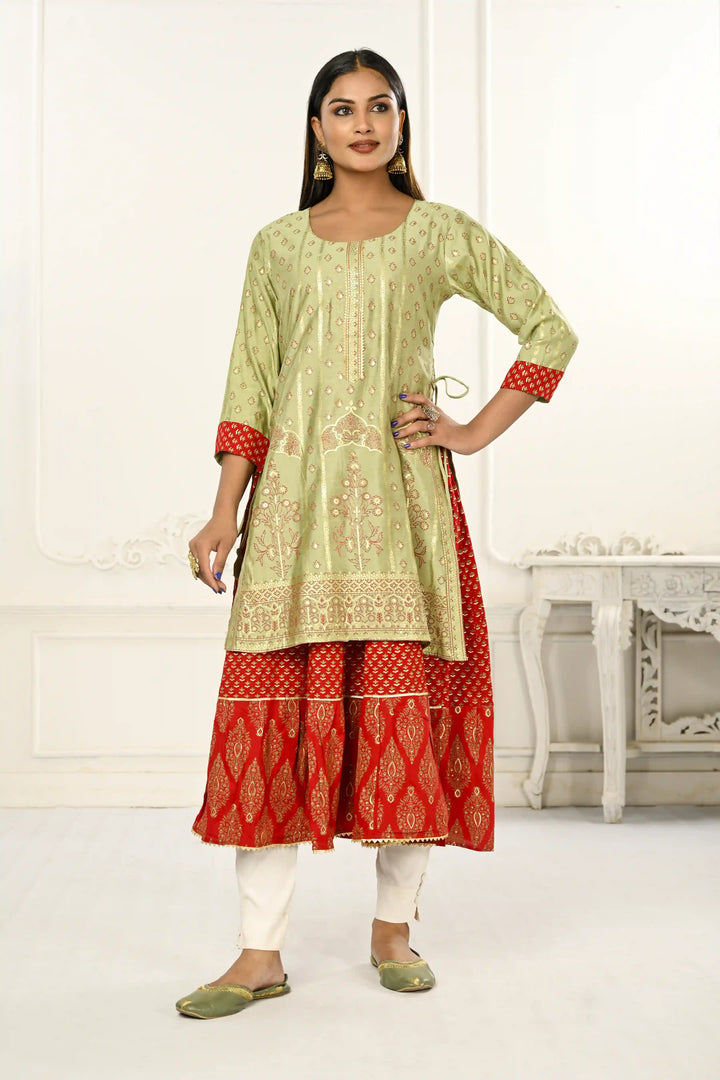 Cotton Long Kurti for Women | Foil Printed & Embroidery Work Design