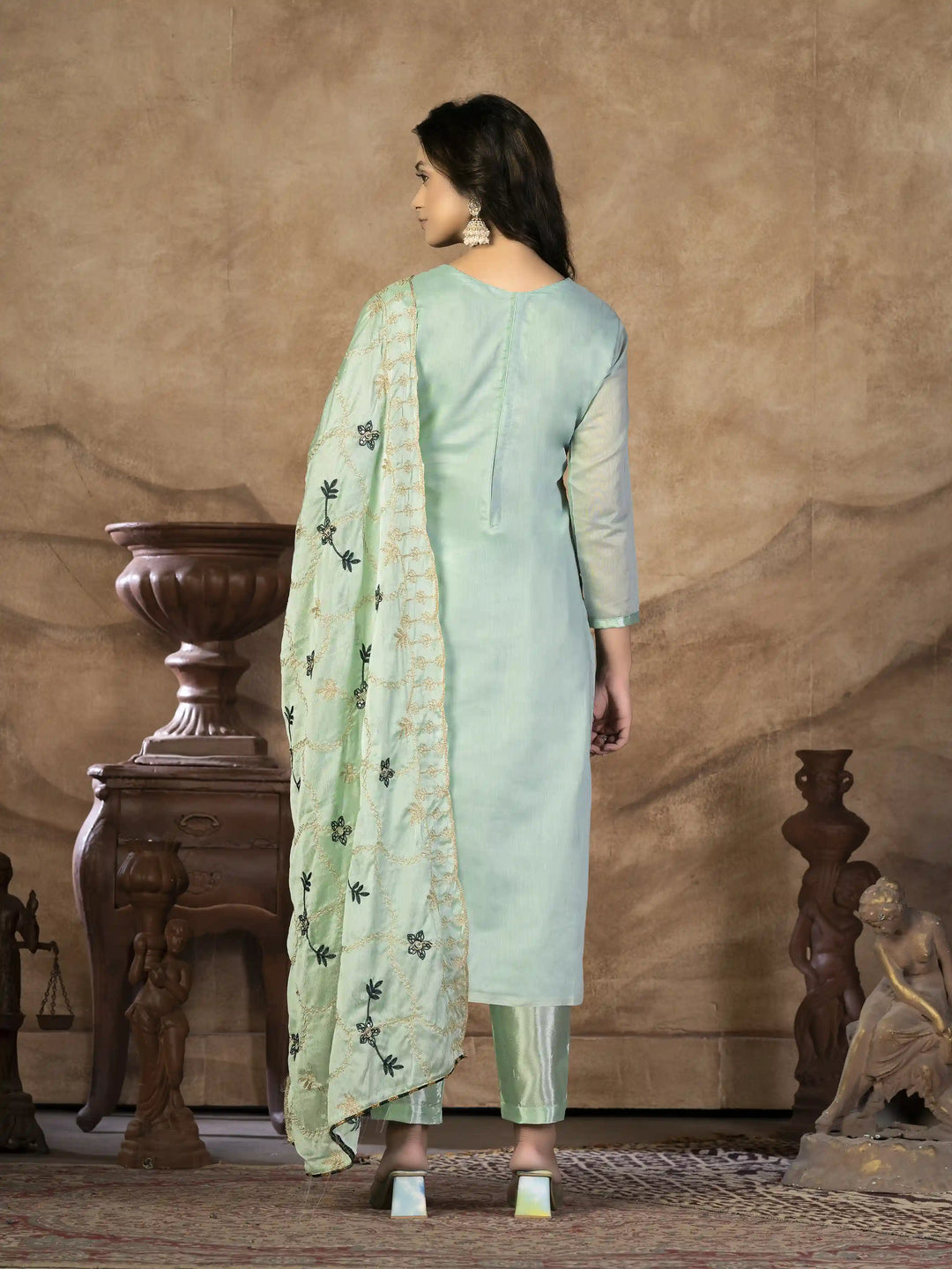 Designer Modal-Banarasi Kurtis Set | Embroidered Three-Quarter Sleeve