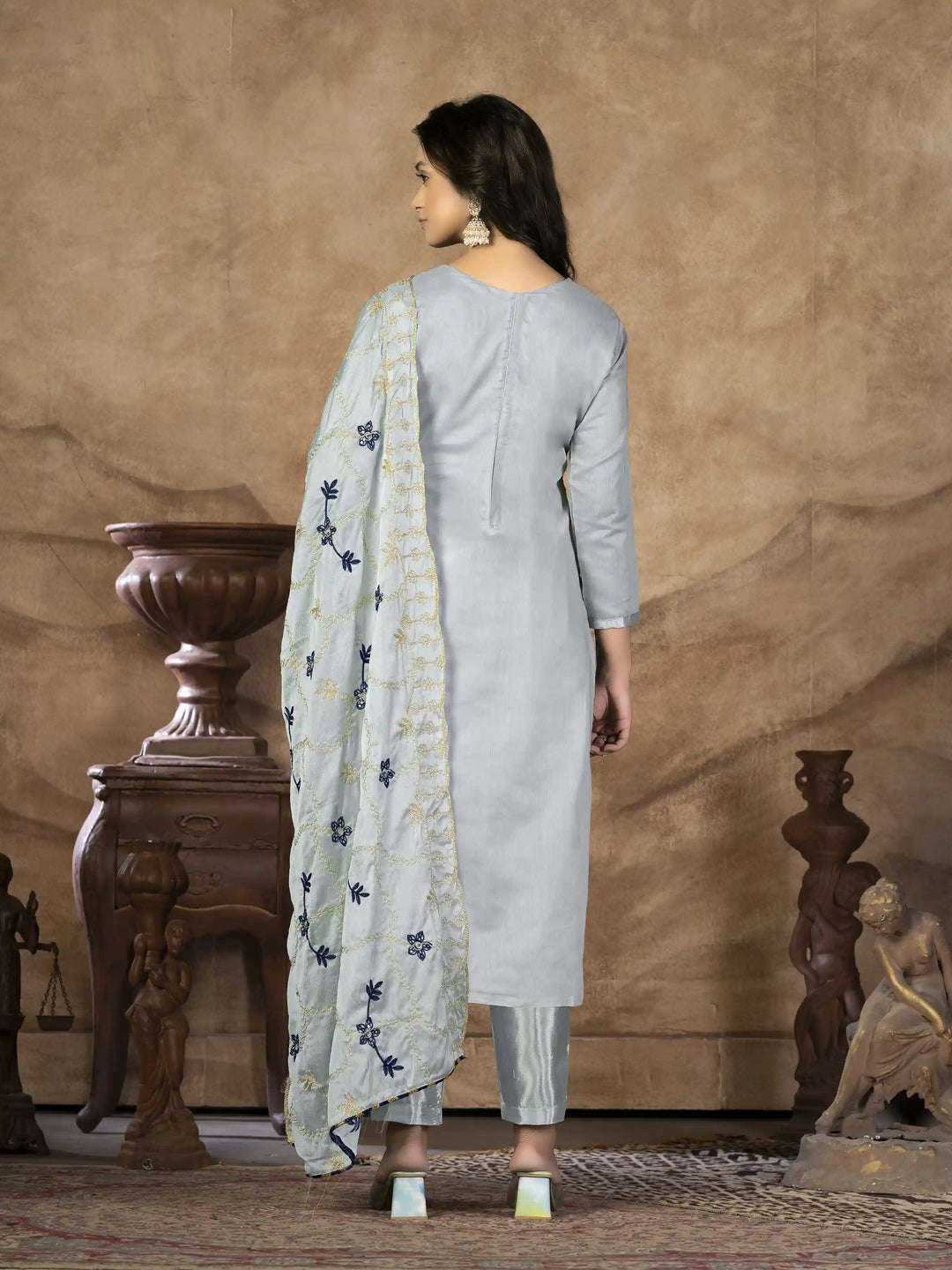 Designer Modal-Banarasi Kurtis Set | Embroidered Three-Quarter Sleeve